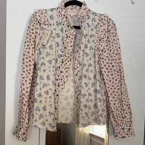 Sezane Floral Ruffle Blouse - Cream, Pink and Blue